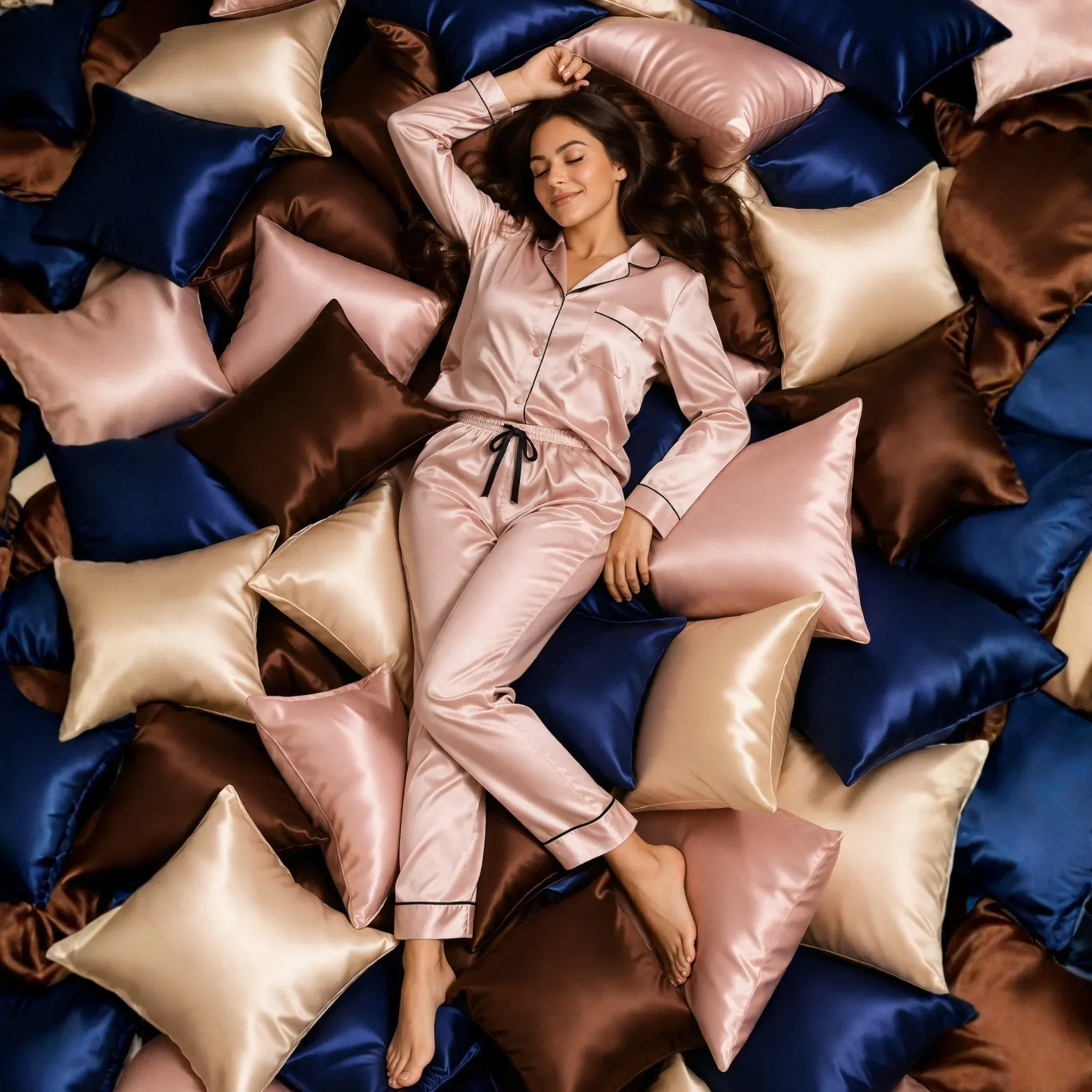 Woman in pink satin pajamas relaxing on a bed of navy, gold, and brown satin pillows